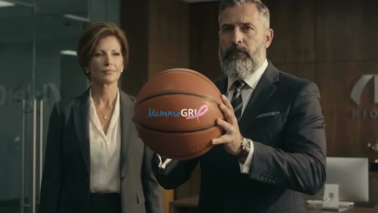 André segura uma bola de basquete MammoGRIP®, com Nancy ao fundo, ilustrando a importância da aderência.