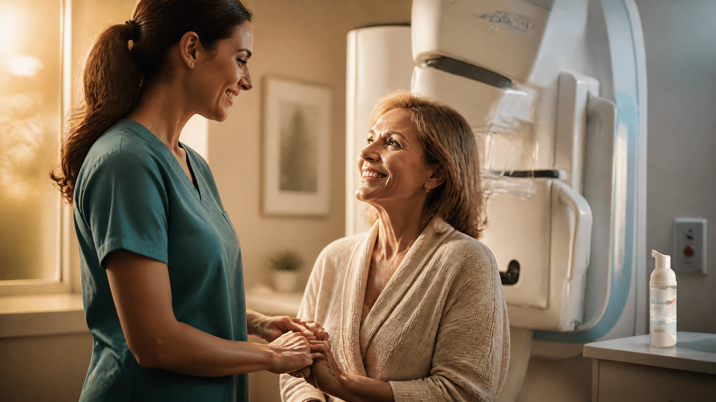 Mammography technologist and patient — MammoGRIP® in practice